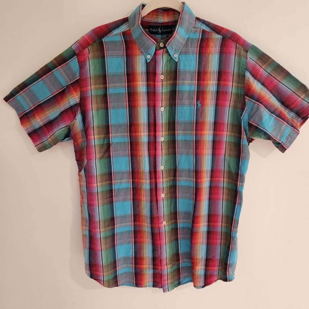 Polo Ralph Lauren L Shirt Mens Bright Colorful Plaid Short Sleeve Button Up Pony